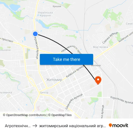 Агротехнічний Коледж to житомирський національний агро екологічний університет map