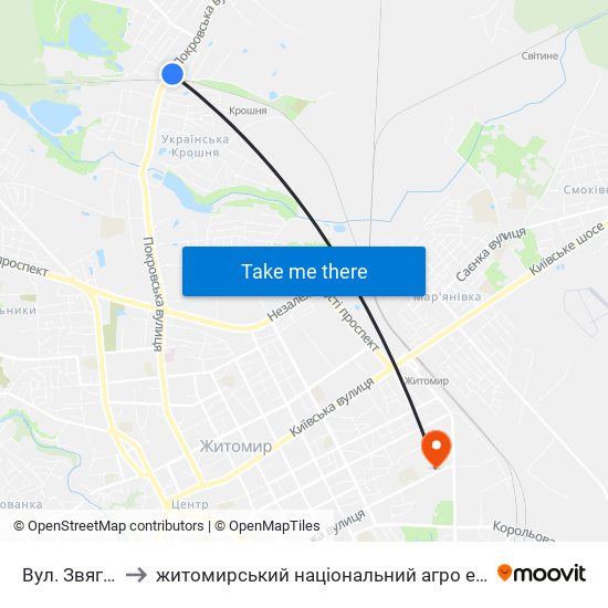 Вул. Звягельська to житомирський національний агро екологічний університет map