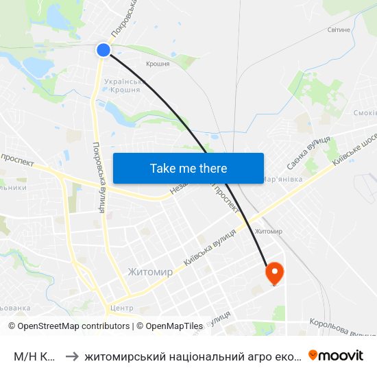 М/Н Крошня to житомирський національний агро екологічний університет map