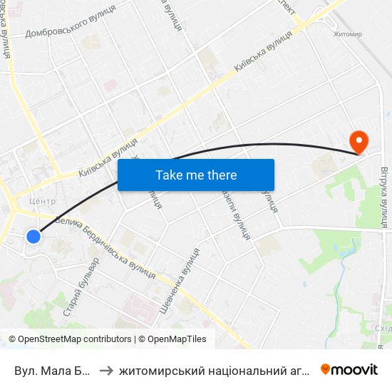 Вул. Мала Бердичівська to житомирський національний агро екологічний університет map