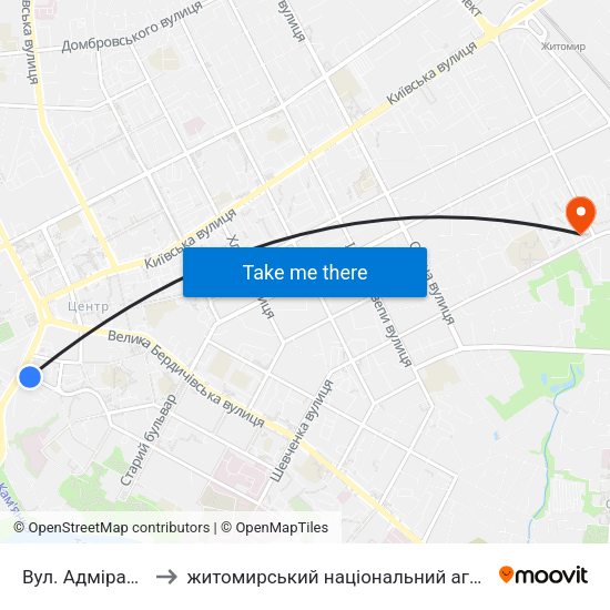 Вул. Адмірала Щастного to житомирський національний агро екологічний університет map