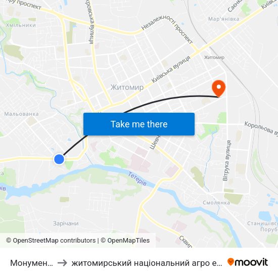 Монумент Слави to житомирський національний агро екологічний університет map