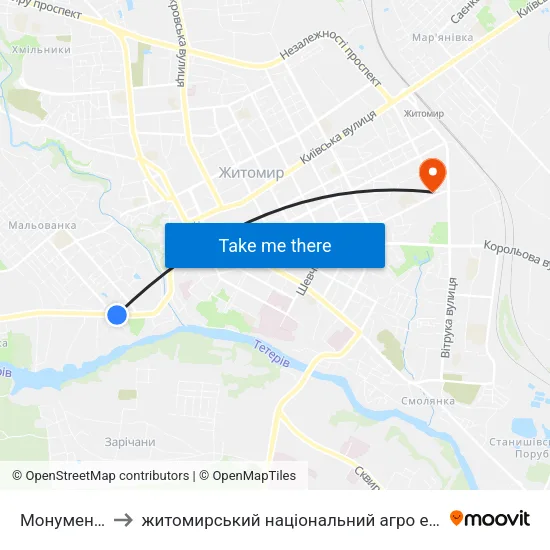 Монумент Слави to житомирський національний агро екологічний університет map