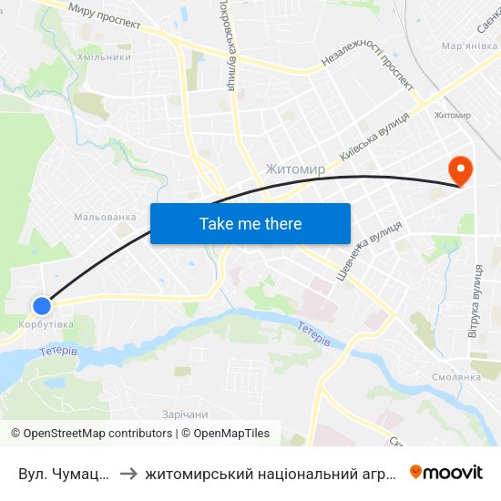 Вул. Чумацький Шлях to житомирський національний агро екологічний університет map