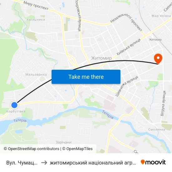 Вул. Чумацький Шлях to житомирський національний агро екологічний університет map