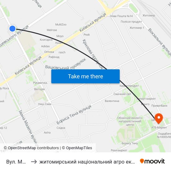 Вул. Монтана to житомирський національний агро екологічний університет map