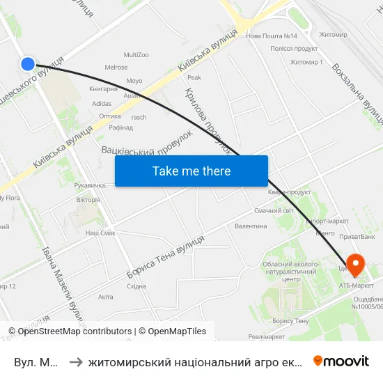 Вул. Монтана to житомирський національний агро екологічний університет map