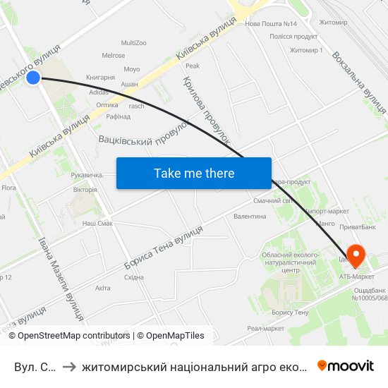 Вул. Східна to житомирський національний агро екологічний університет map