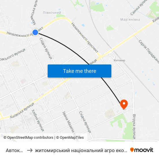 Автоколона to житомирський національний агро екологічний університет map