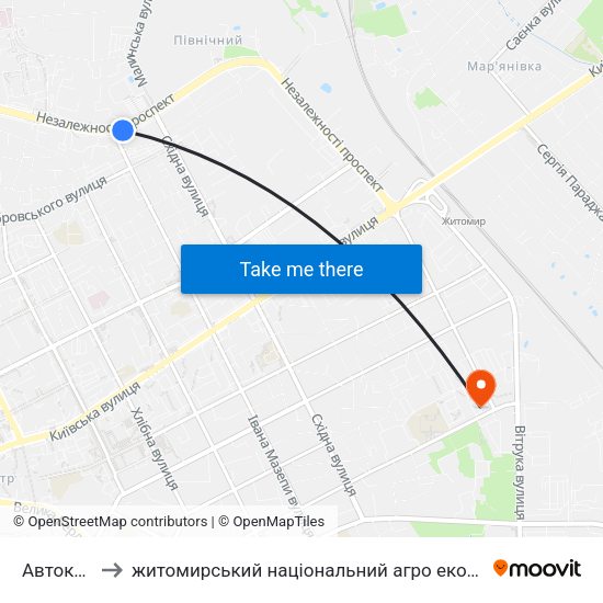 Автоколона to житомирський національний агро екологічний університет map