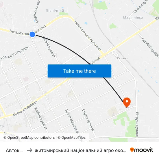 Автоколона to житомирський національний агро екологічний університет map