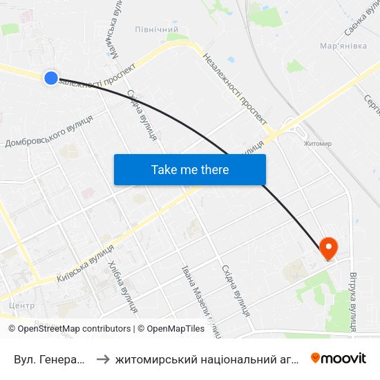 Вул. Генерала Потапова to житомирський національний агро екологічний університет map