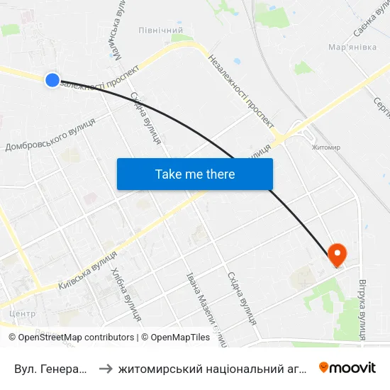 Вул. Генерала Потапова to житомирський національний агро екологічний університет map