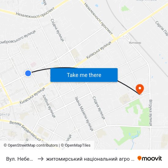 Вул. Небесної Сотні to житомирський національний агро екологічний університет map