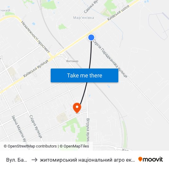 Вул. Баранова to житомирський національний агро екологічний університет map