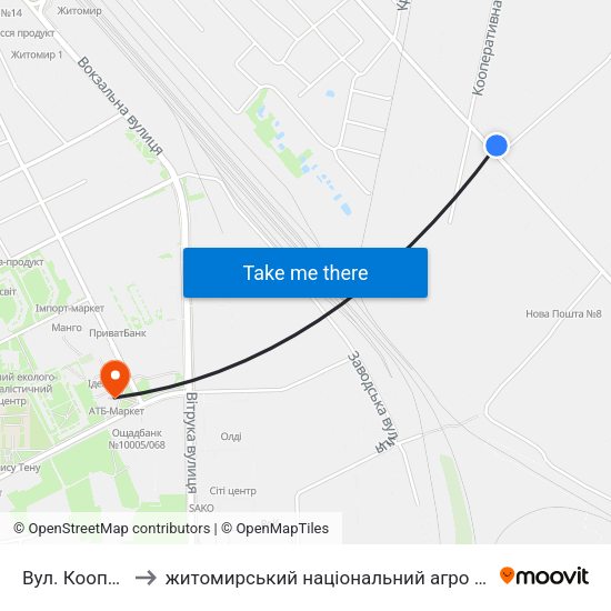 Вул. Кооперативна to житомирський національний агро екологічний університет map