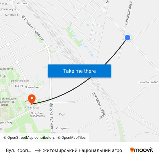 Вул. Кооперативна to житомирський національний агро екологічний університет map