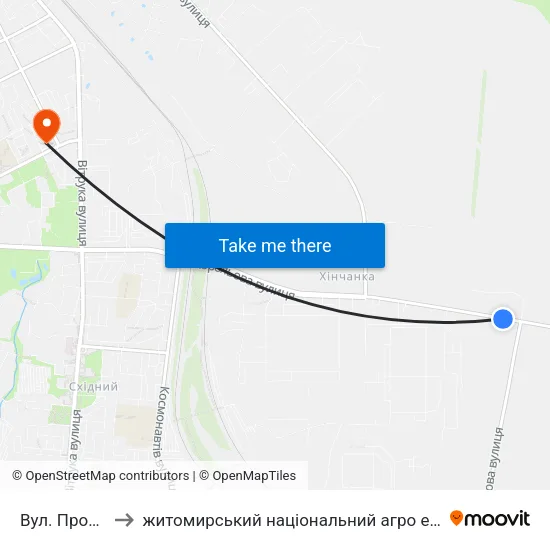 Вул. Промислова to житомирський національний агро екологічний університет map