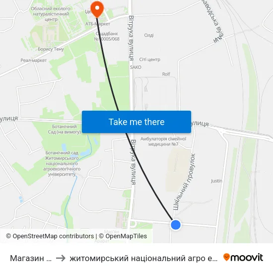 Магазин Берізка to житомирський національний агро екологічний університет map