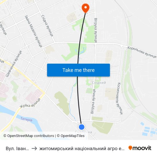 Вул. Івана Гонти to житомирський національний агро екологічний університет map