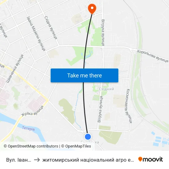 Вул. Івана Гонти to житомирський національний агро екологічний університет map