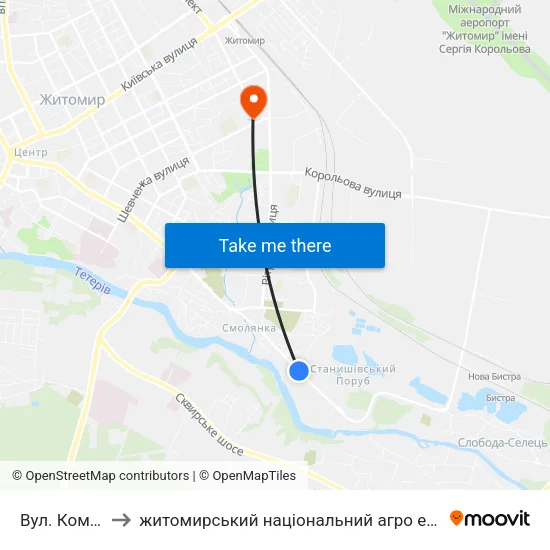 Вул. Комерційна to житомирський національний агро екологічний університет map