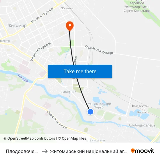 Плодоовочевий Комбінат to житомирський національний агро екологічний університет map
