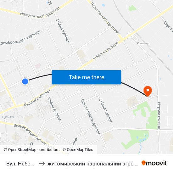 Вул. Небесної Сотні to житомирський національний агро екологічний університет map