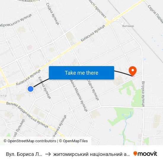 Вул. Бориса Лятошинського to житомирський національний агро екологічний університет map