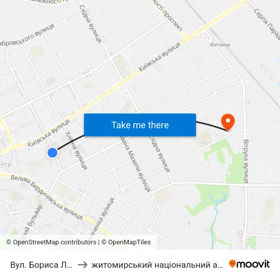 Вул. Бориса Лятошинського to житомирський національний агро екологічний університет map