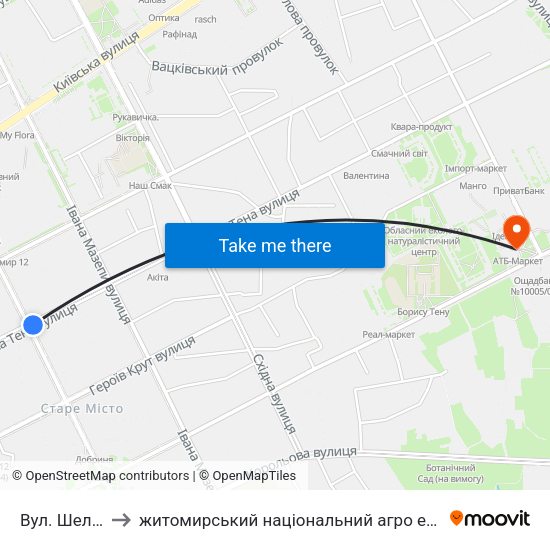 Вул. Шелушкова to житомирський національний агро екологічний університет map
