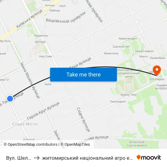 Вул. Шелушкова to житомирський національний агро екологічний університет map