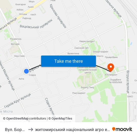 Вул. Бориса Тена to житомирський національний агро екологічний університет map