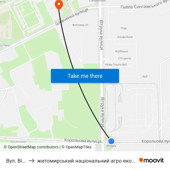 Вул. Вітрука to житомирський національний агро екологічний університет map