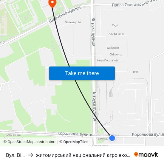 Вул. Вітрука to житомирський національний агро екологічний університет map