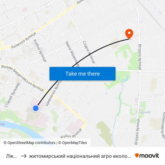 Лікарні to житомирський національний агро екологічний університет map