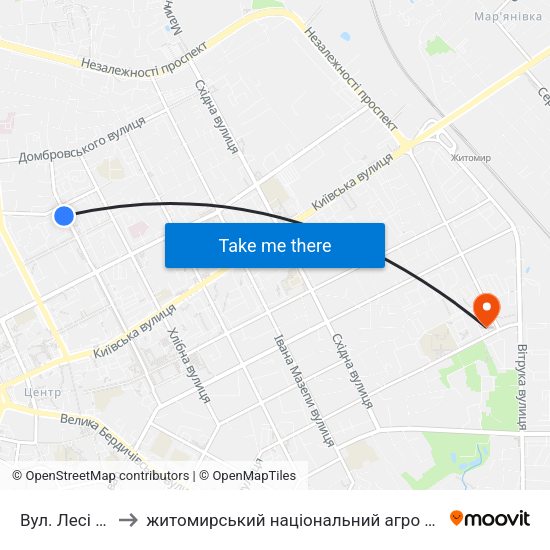 Вул. Лесі Українки to житомирський національний агро екологічний університет map
