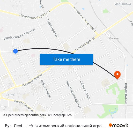 Вул. Лесі Українки to житомирський національний агро екологічний університет map