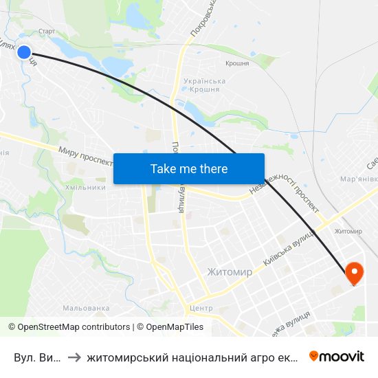 Вул. Видумка to житомирський національний агро екологічний університет map