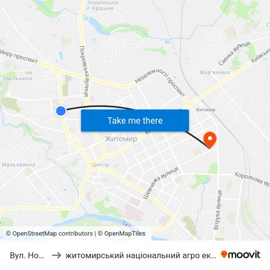 Вул. Новосінна to житомирський національний агро екологічний університет map