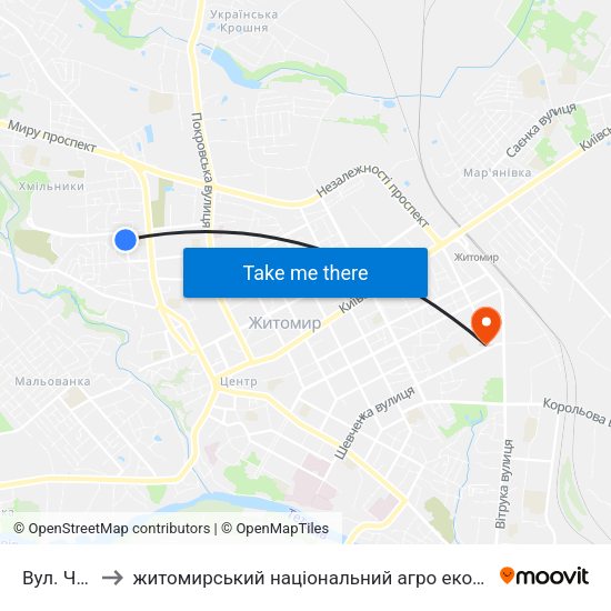 Вул. Чехова to житомирський національний агро екологічний університет map