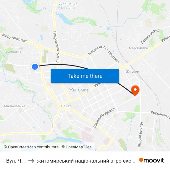 Вул. Чехова to житомирський національний агро екологічний університет map