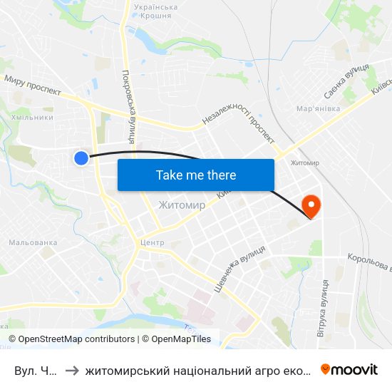 Вул. Чехова to житомирський національний агро екологічний університет map