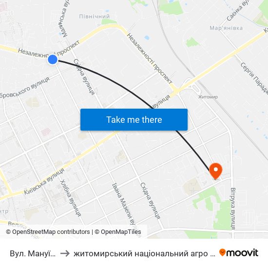 Вул. Мануїльського to житомирський національний агро екологічний університет map