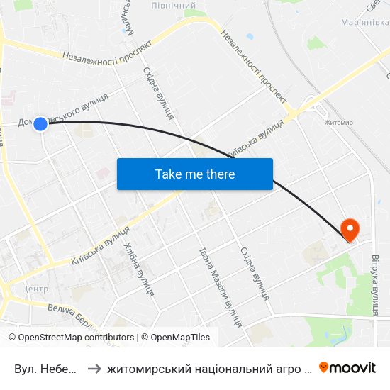 Вул. Небесної Сотні to житомирський національний агро екологічний університет map