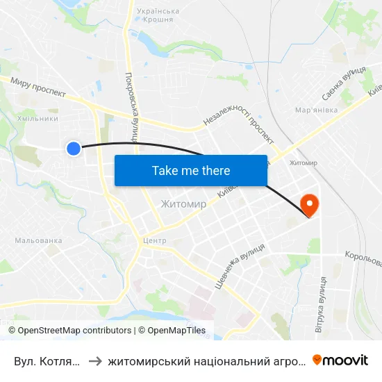 Вул. Котляревського to житомирський національний агро екологічний університет map