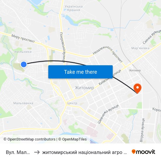 Вул. Маликова 12 to житомирський національний агро екологічний університет map