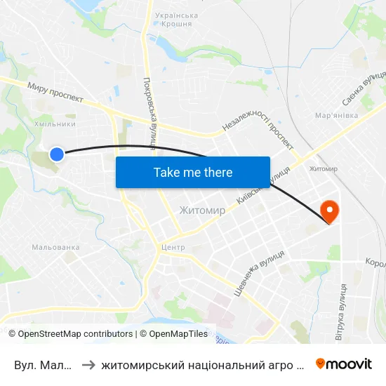 Вул. Маликова 12 to житомирський національний агро екологічний університет map