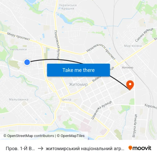 Пров. 1-Й Винокурний to житомирський національний агро екологічний університет map