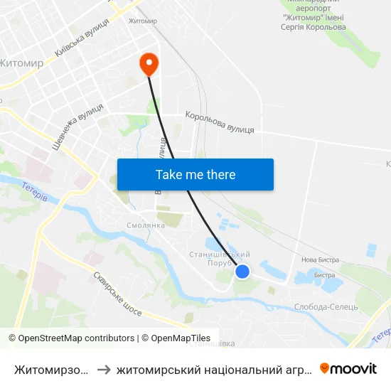 Житомирзооветпостач to житомирський національний агро екологічний університет map